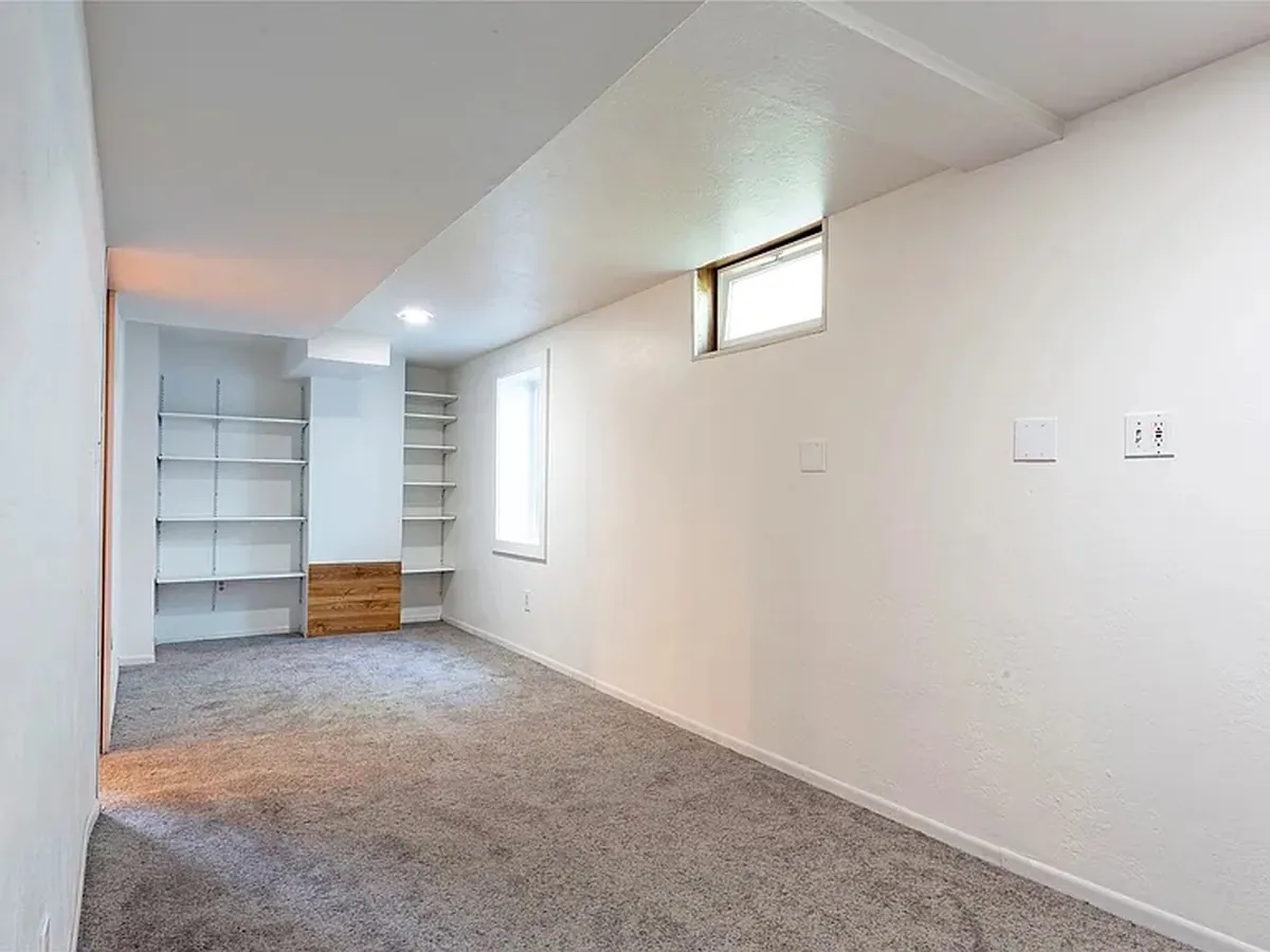 A lower-level den with new carpet run wall to wall