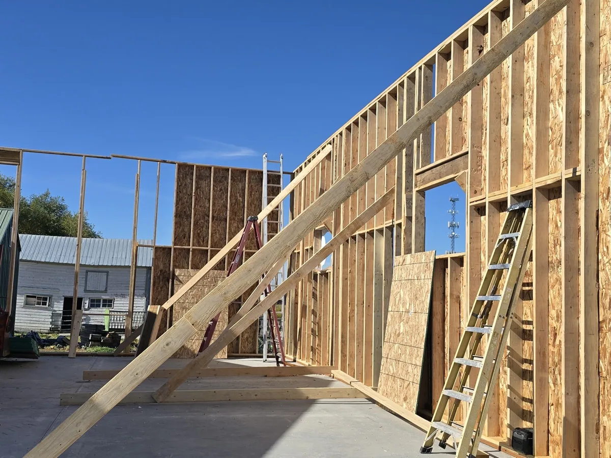 Tall interior framing with a raked wall following the roof pitch, ladder alongside