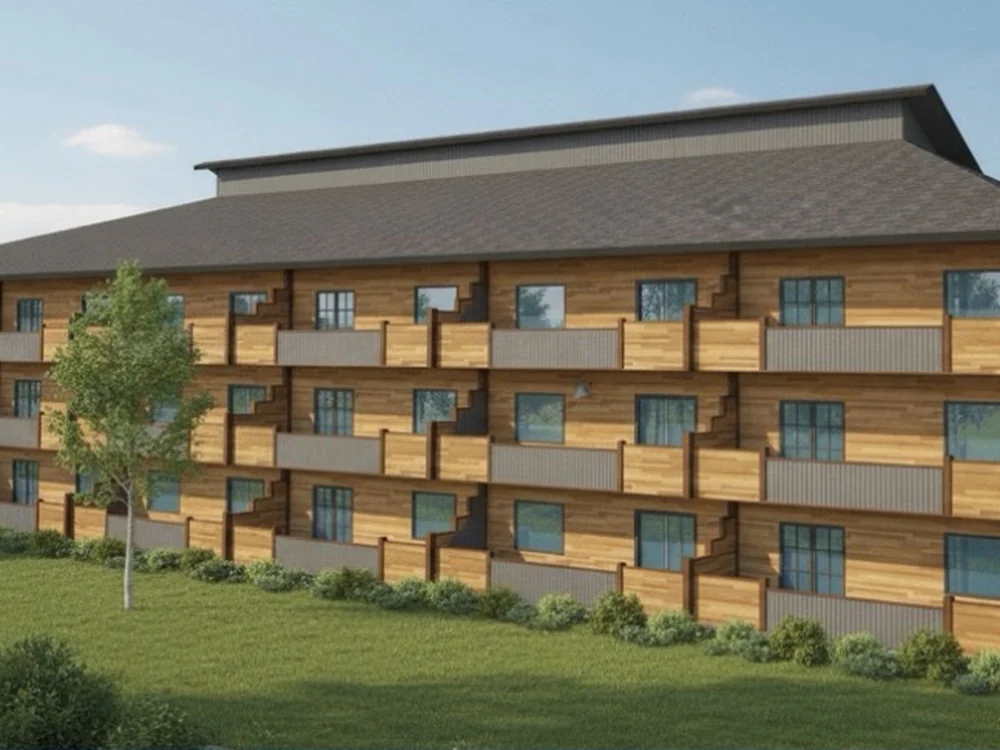 Photoreal 3D rendering we produced of a three-story apartment building with cedar siding
