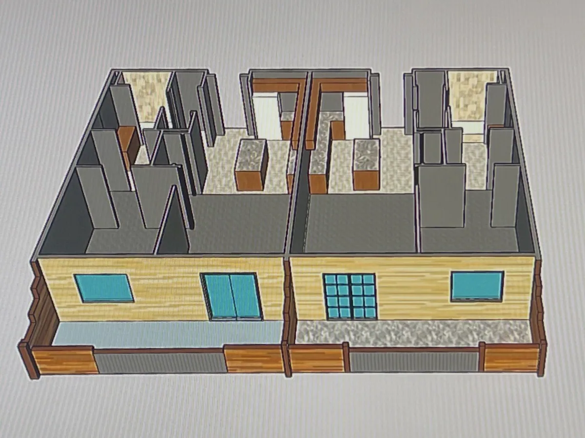 3D cutaway model of a duplex with the roof removed, showing interior wall layout and room sizes